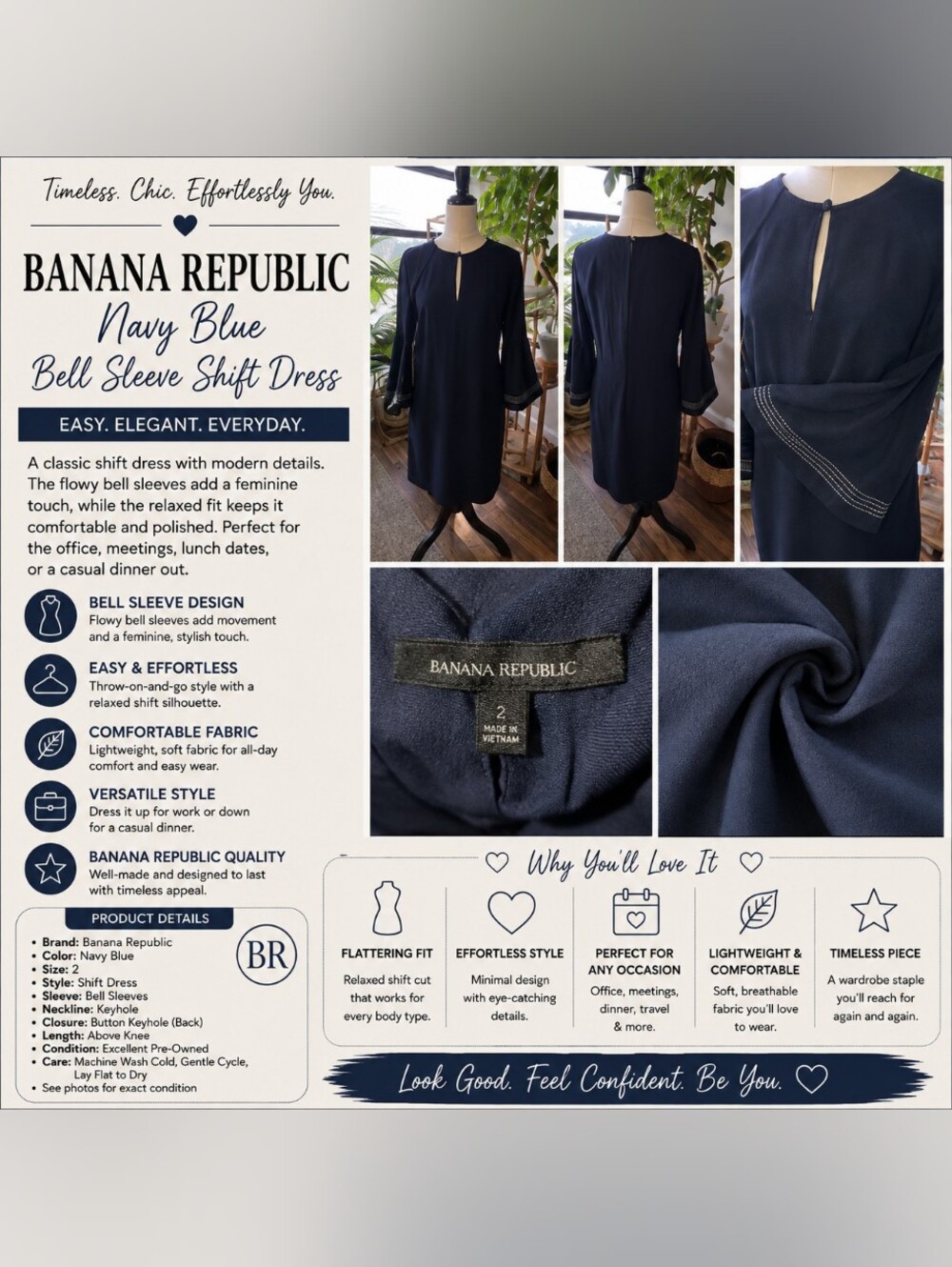 Banana Republic Navy Blue Bell Sleeve Shift Dress Size 2 (Lot 5)